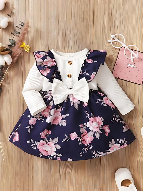 Girl's Lycra Floral Printed Baby Dress 1-2 Years - Comfy Elegance
