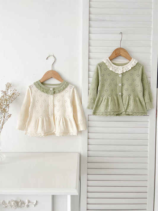 Autumn Arrival Baby Kids Girls Comfortable Hollow-out Design Knitted Long Sleeves Top with Heart Pattern and Collar