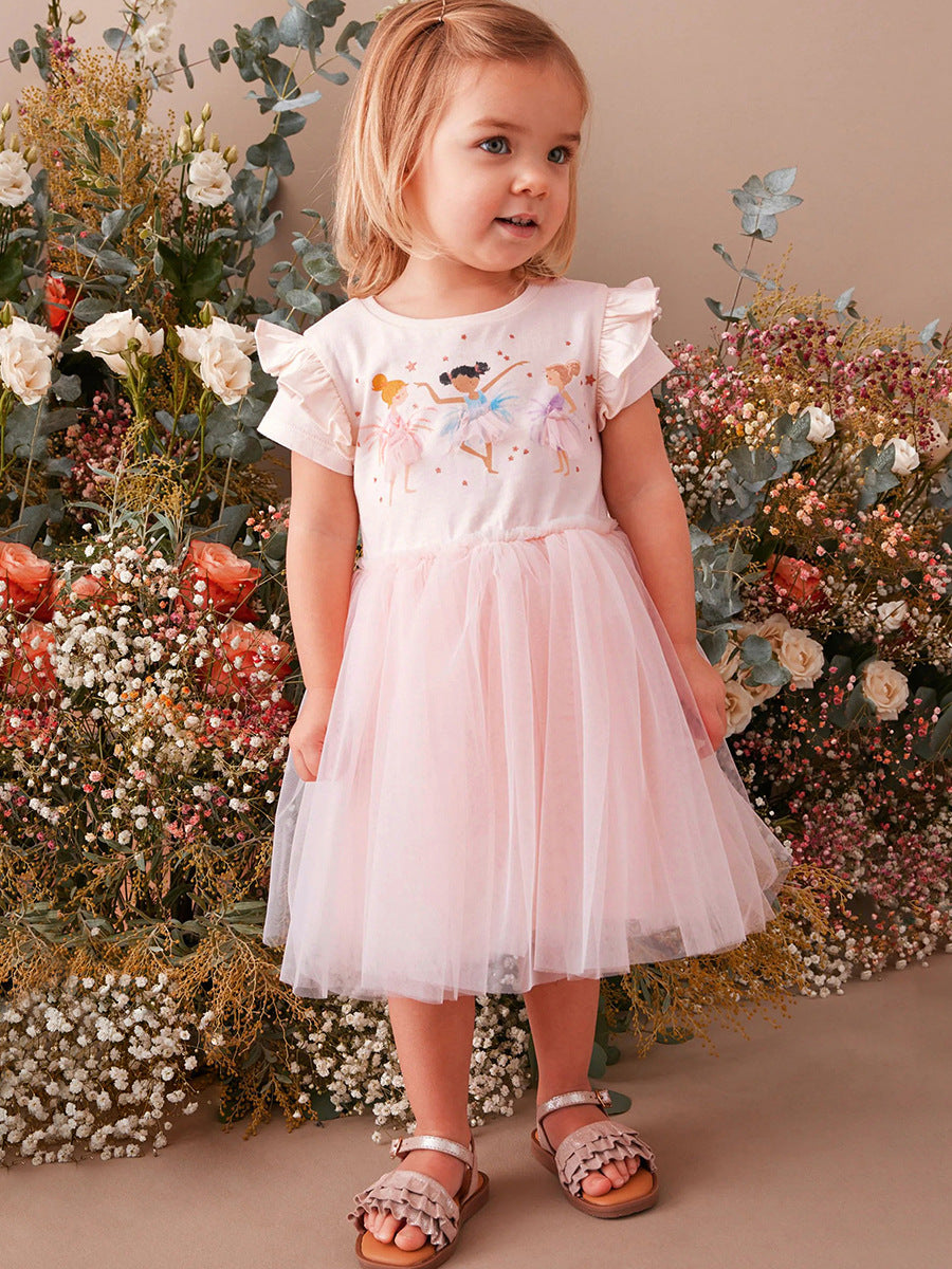 Spring And Summer Baby Girls Short Sleeves Dancers Cartoon Pattern Chiffon Dress