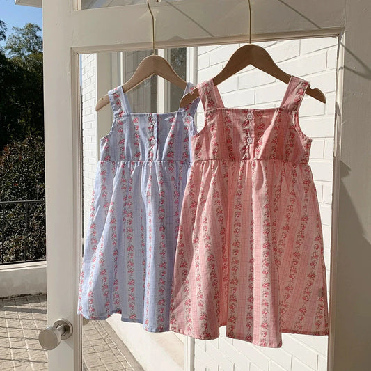 Summer Baby Kids Girls Sleeveless Flowers Pattern Printed Striped Dress