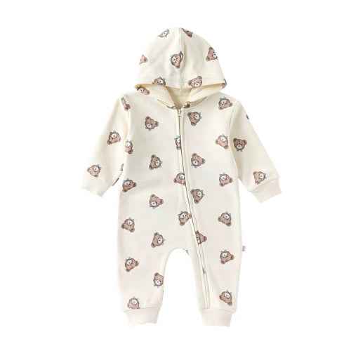 Baby Unisex Hooded Romper - Cartoon Pattern