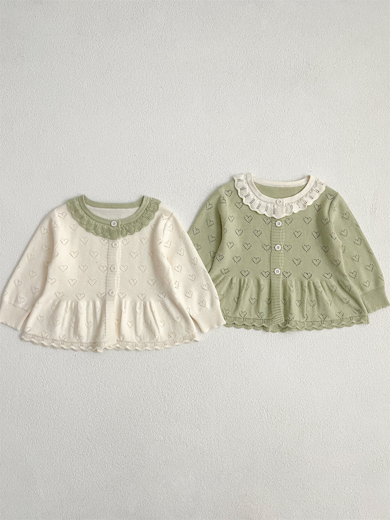 Autumn Arrival Baby Kids Girls Comfortable Hollow-out Design Knitted Long Sleeves Top with Heart Pattern and Collar