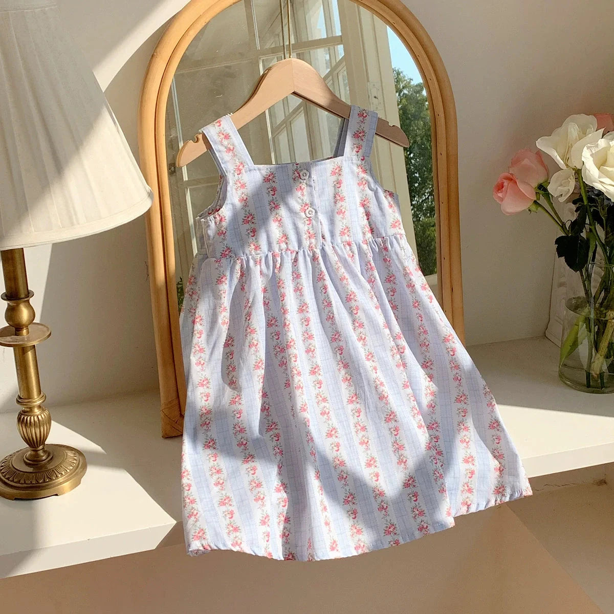 Summer Baby Kids Girls Sleeveless Flowers Pattern Printed Striped Dress