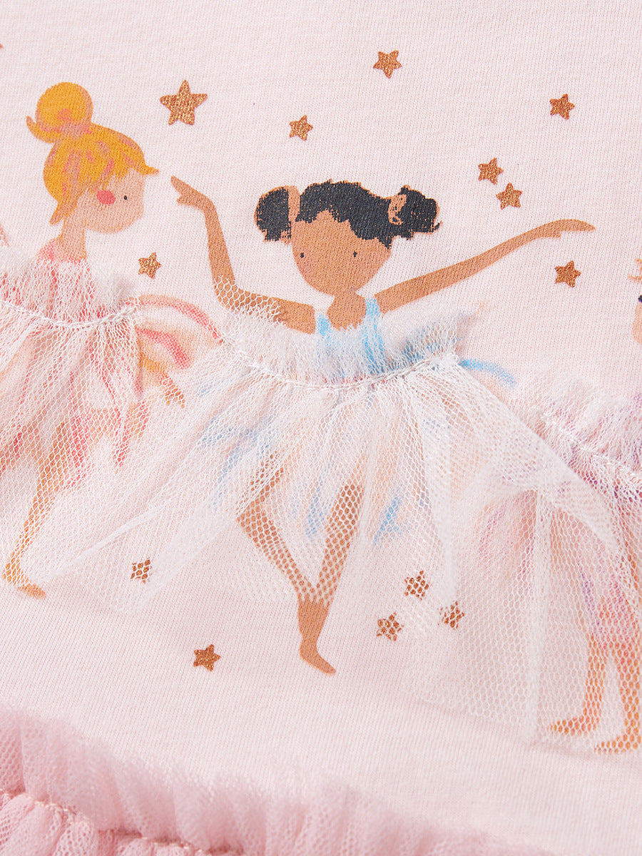 Spring And Summer Baby Girls Short Sleeves Dancers Cartoon Pattern Chiffon Dress
