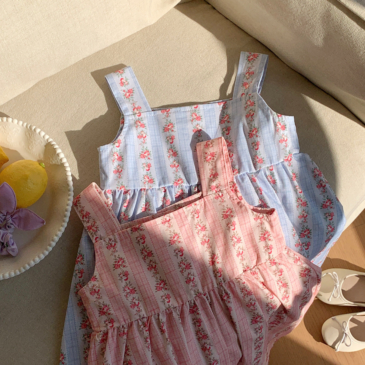Summer Baby Kids Girls Sleeveless Flowers Pattern Printed Striped Dress