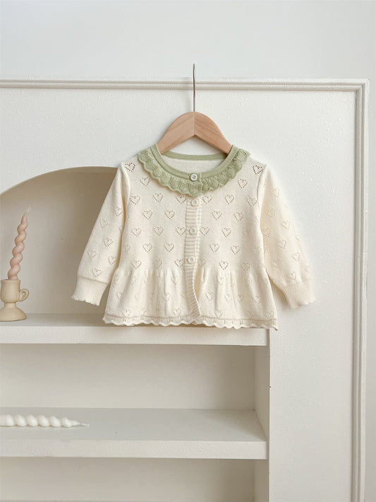 Autumn Arrival Baby Kids Girls Comfortable Hollow-out Design Knitted Long Sleeves Top with Heart Pattern and Collar