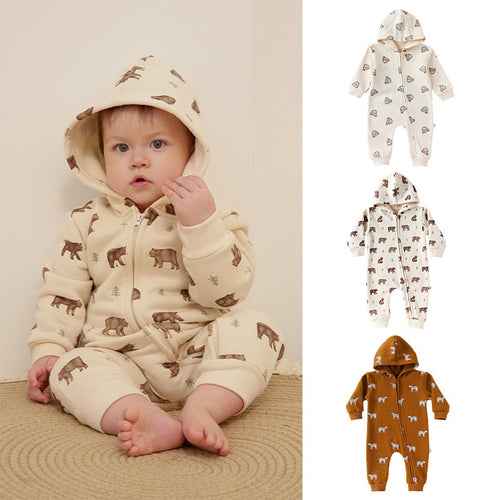 Baby Unisex Hooded Romper - Cartoon Pattern