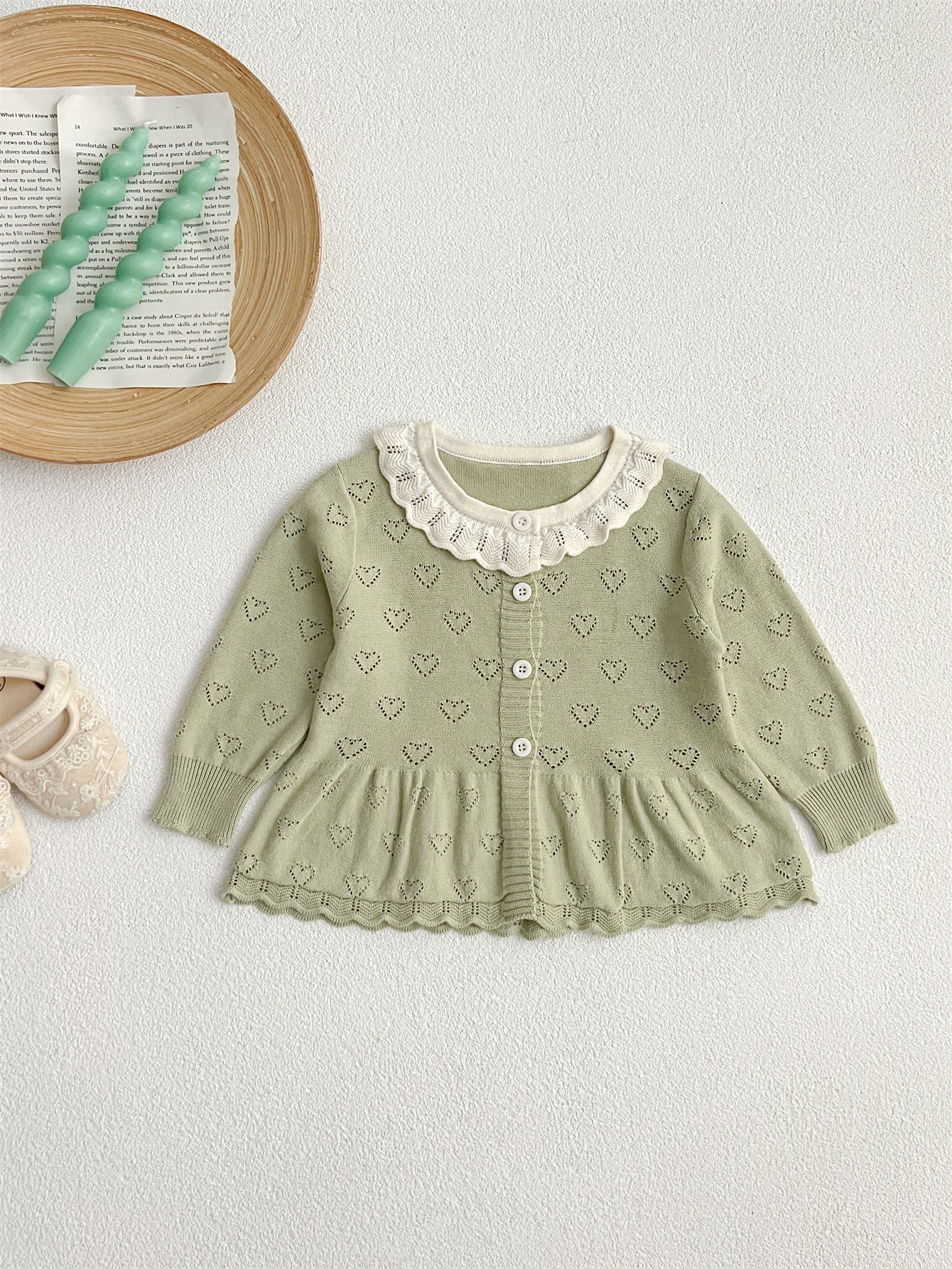 Autumn Arrival Baby Kids Girls Comfortable Hollow-out Design Knitted Long Sleeves Top with Heart Pattern and Collar