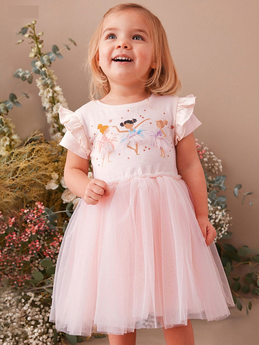 Spring And Summer Baby Girls Short Sleeves Dancers Cartoon Pattern Chiffon Dress